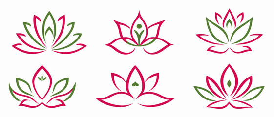 Six Red & Green Lotus Flower Line Art Designs