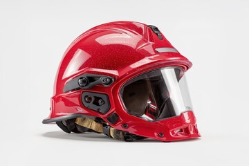 Fototapeta premium Red firefighter helmet with integrated visor and modern design on white background