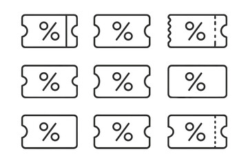A minimalist line‑icon set of discount coupons designed for shopping, malls, online markets, stores, and promotional discounts