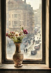 Cozy Rainy City Window with Vintage Floral Vase Still Life