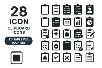 The Clipboard Fill Color Icon Set provides a bright, minimalist assortment of clipboard icons, each rendered in solid hues