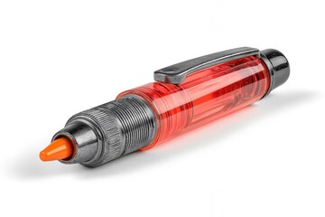 Red ballpoint pen lying on white background