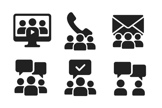Team communication icon set. Business collaboration solid glyph icons. Group video call, conference phone call, team email, chat, and discussion vector pictograms.