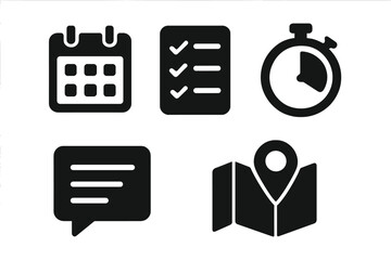 Team coordination & project management solid icon set. Vector glyphs for business workflow, planning, schedule, task list, deadline, communication & location logistics.