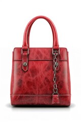 Naklejka premium Elegant red leather handbag with metallic chain detail on white background