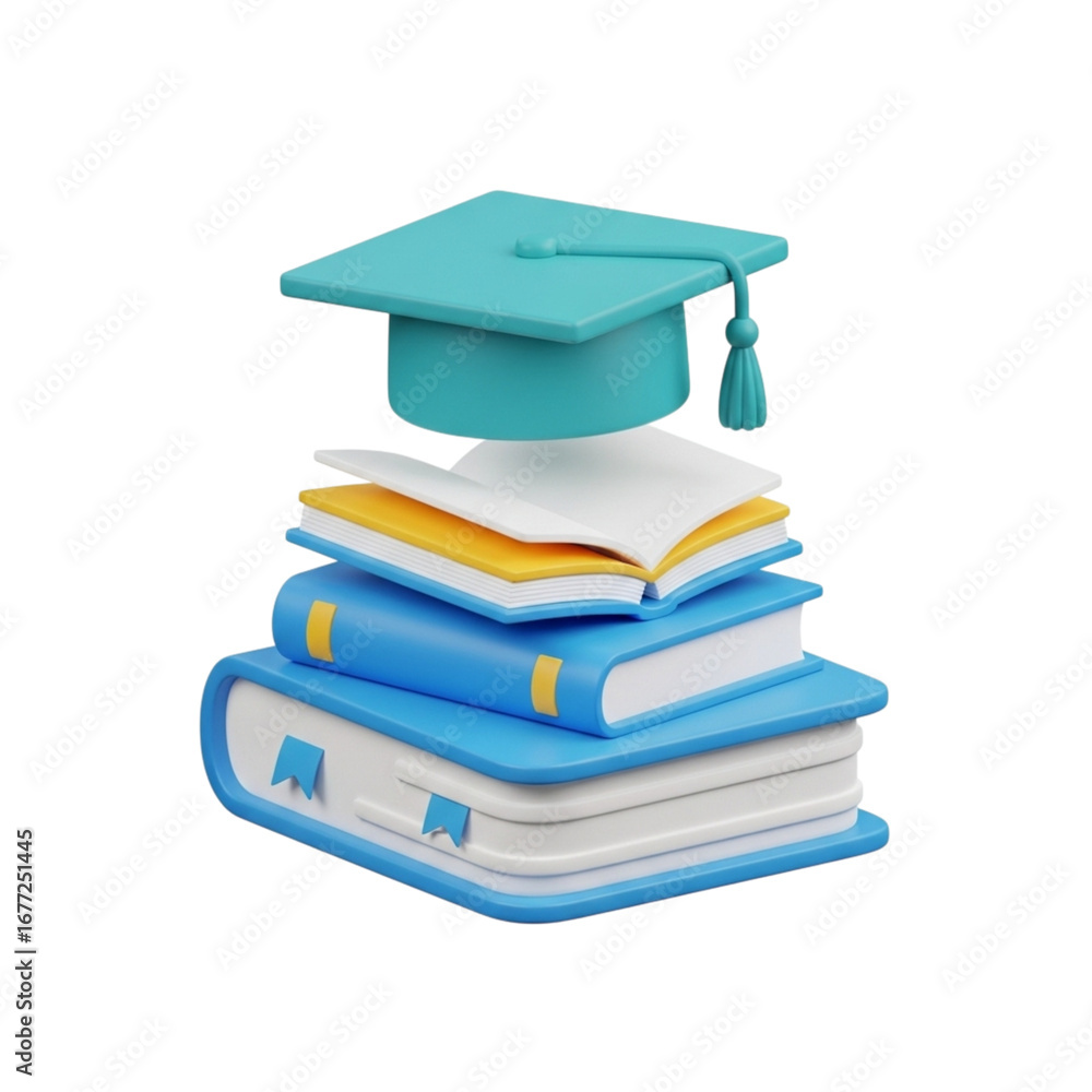 Poster 3d icon of stack of books with graduation cap isolated on transparent background