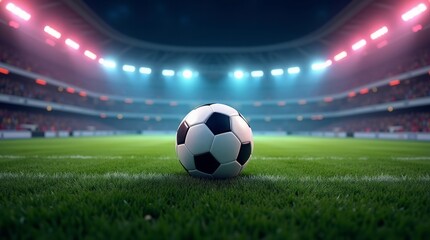Soccer ball on green field stadium lights football