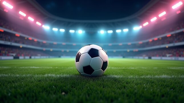 Soccer ball on green field stadium lights football