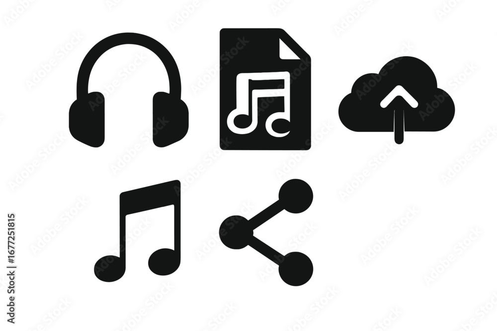 Poster music icon set for streaming and sharing. solid glyph collection with headphones, playlist, cloud up