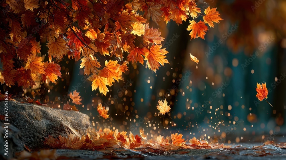 Poster a serene autumn scene featuring vibrant orange leaves falling from trees, with a rock and glimmering