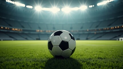 Soccer ball on green field under stadium lights football
