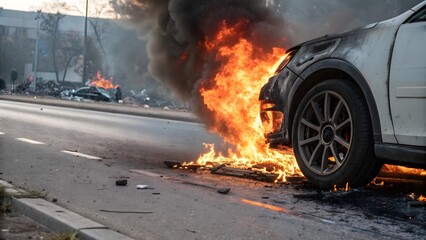 Burning car on city street engulfed in flames, disaster aftermath scene