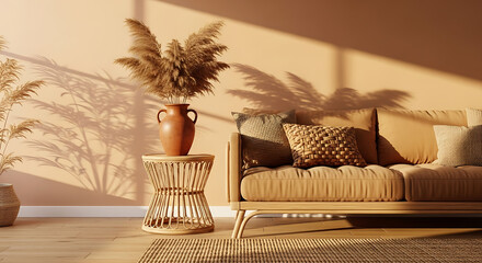 Cozy living room with warm tones and natural elements.