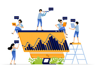 Reviewing and giving feedback on ups and downs of charts on a meeting display. Illustration design can be used for book cover, banner, website, web, ads