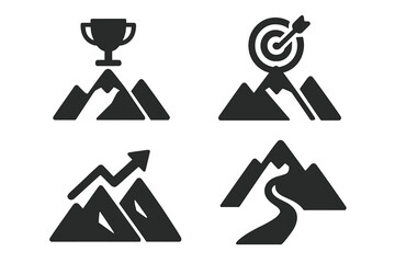 Symbolic Mountain Icons Set, Solid Filled Vector Illustrations of Trophy on Peak, Target on Mountain, Growth Arrow Rising, Winding Path Journey, Success and Achievement Symbols