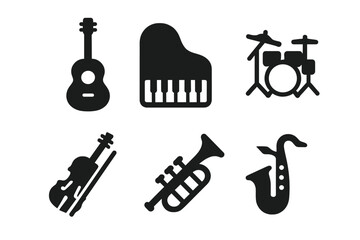 Musical instrument icon set. Solid glyphs of guitar, piano, drums, violin, trumpet, saxophone. Music symbols for orchestra, jazz band, or concert. Sound and audio pictograms.