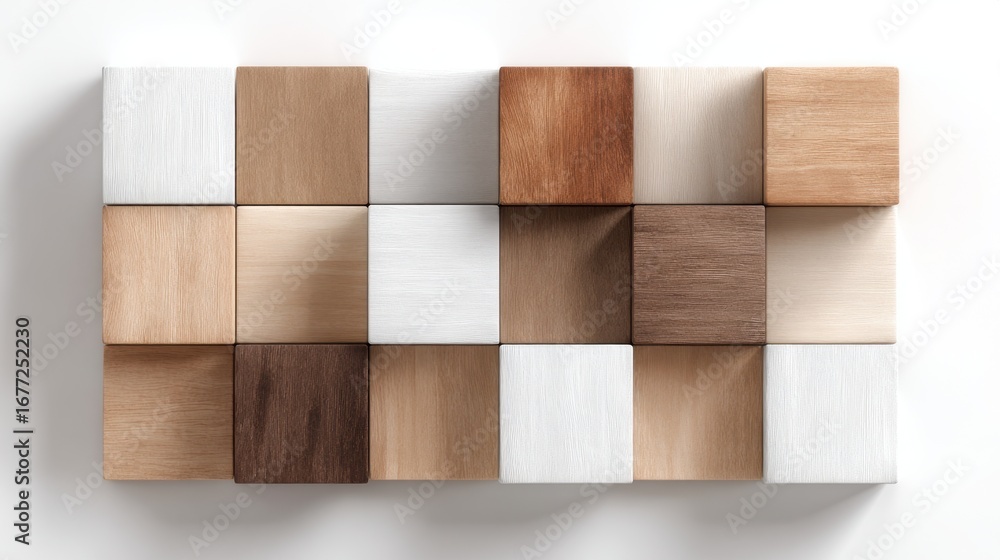 Poster a collection of wooden blocks arranged in a grid, showcasing various natural wood tones and finishes