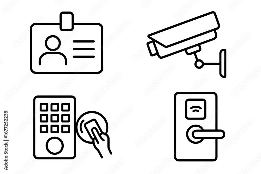 Poster security and access control line icon set. vector icons for identification, surveillance, and door e