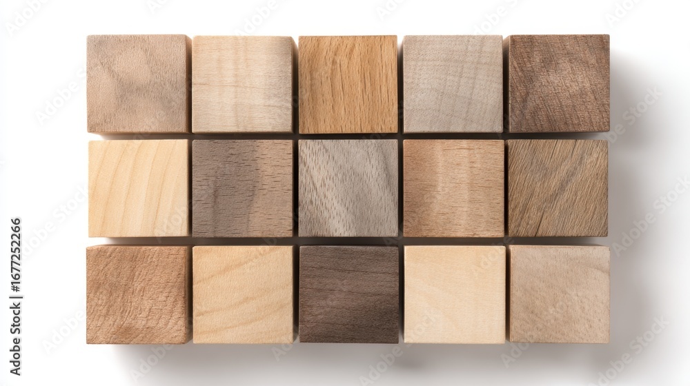 Poster a collection of wooden cubes in various shades and textures, arranged in a grid pattern, showcasing 
