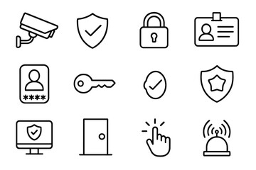 Security and access control line icon set. Symbols for safety, protection, cybersecurity, and authentication. Vector pictogram collection with lock, key, cctv, password, id.