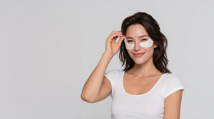 Smiling woman applying under-eye patches for skincare treatment, natural beauty and self-care routine concept in minimal studio portrait with clean white background