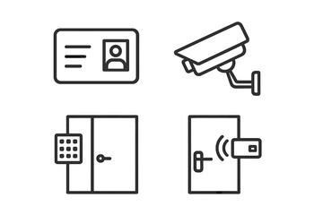 Security and access control line icon set. Icons for identification, surveillance camera, door entry systems. Vector illustration of badge, CCTV, keypad lock, and RFID card reader.