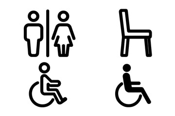 Public space signage icon set for toilets, seating, and disabled access. Vector symbols for restroom, wheelchair accessibility, and waiting areas. Information pictograms.