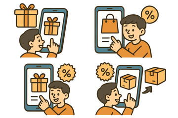 Online shopping vector set. Man with smartphone buying gifts. E-commerce app interface with shopping bag, discount percent icon, order and delivery box. Mobile purchase cartoon.
