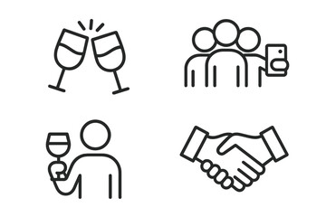 Social gathering icons set. Outline vector symbols of celebration, party moments. Clinking glasses, group selfie, friends toasting, business handshake. Deal and agreement concept.