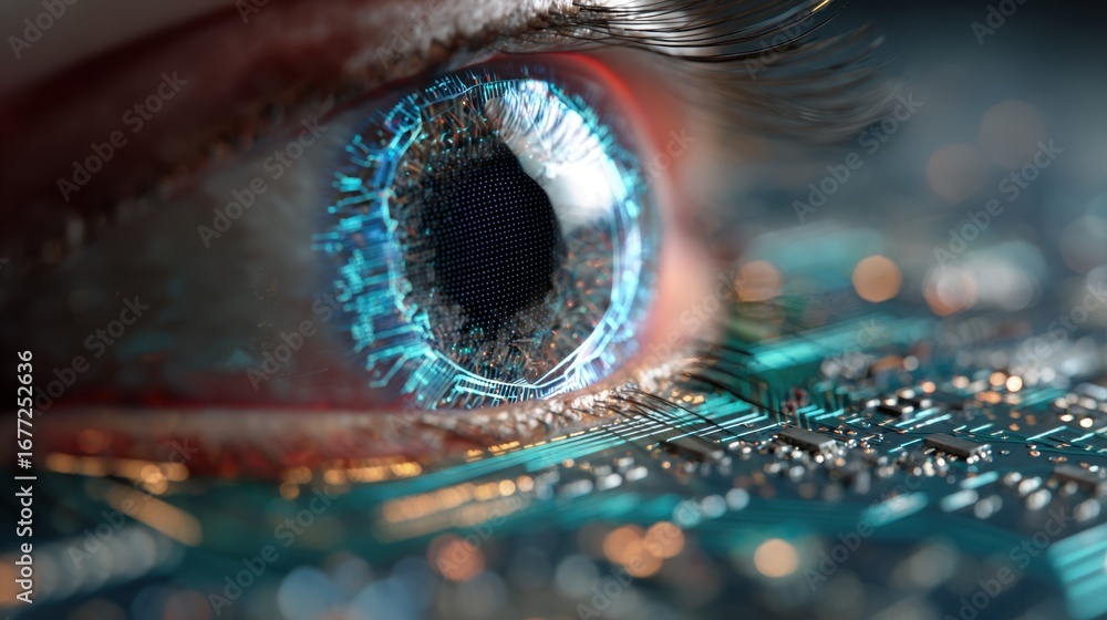Poster a close-up of a human eye with technological elements, featuring a vibrant blue iris and a circuit-l