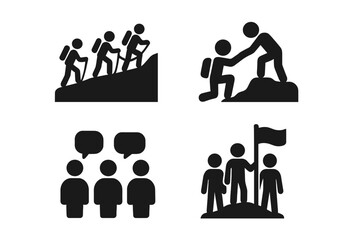 Teamwork icon set. Business collaboration, communication, and support concepts. Vector symbols of partnership, leadership, goal achievement, success, and group climbing.