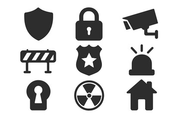 Safety and security solid glyph icon set. Vector collection of protection symbols like shield, lock, police badge. Home security, surveillance camera, emergency siren design.