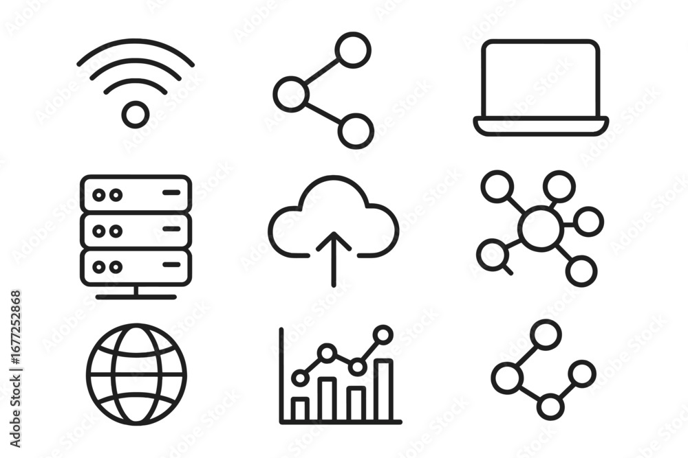 Aufkleber technology and connectivity line icon set. network, data analysis, web, cloud computing, server, int