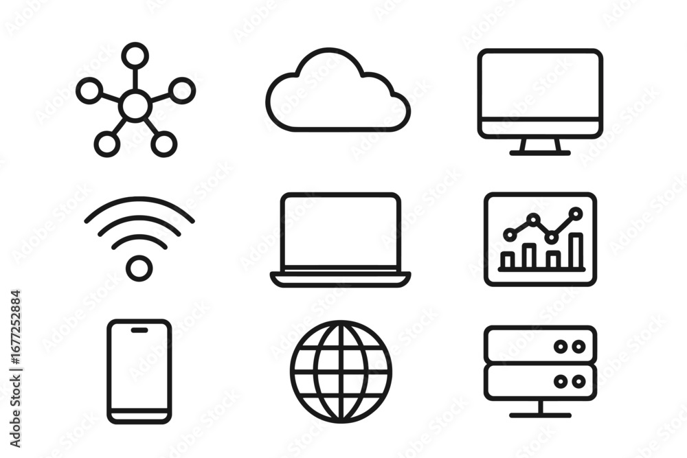 Poster technology & connectivity line icon set. symbols for network, data analysis, cloud computing, server