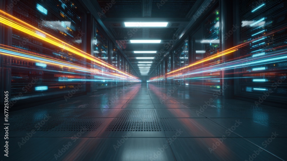 Poster a futuristic data center hallway with illuminated servers and dynamic light trails, symbolizing spee