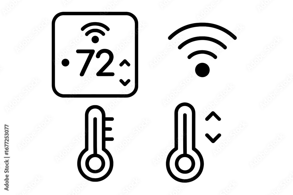 Poster smart thermostat outline icon set. home climate control technology. digital display, wi-fi signal, a