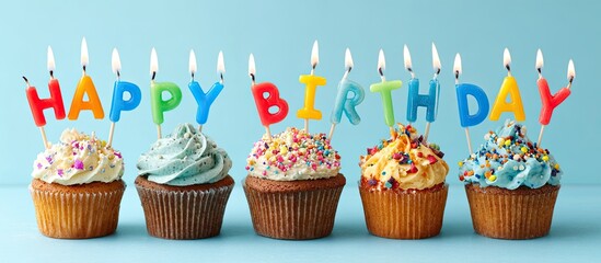 Row of cupcakes with colorful "Happy Birthday" candles