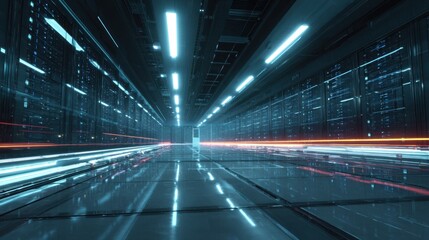 A futuristic data center corridor with glowing lights, showcasing rows of servers and a sleek, reflective floor.