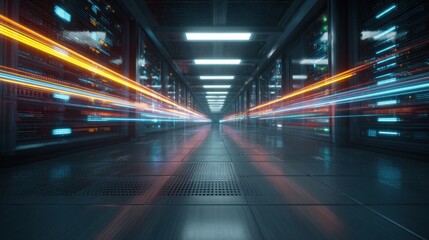 A futuristic data center hallway with illuminated servers and dynamic light trails, symbolizing speed and technology.