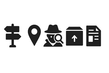 Detective quest icon set. Solid glyph icons for urban mystery, investigation, and logistics. Includes street sign, location pin, spy clue, package shipping, and flyer.