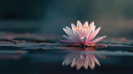 A serene pink lotus flower floats gracefully on water, reflecting its beauty, surrounded by tranquil hues.