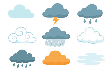 Cloud icon set in flat cartoon style. Weather forecast symbols collection. Vector illustration of rain, storm, thunder, sun, wind, fog. Sky element for web design.