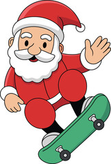 Cartoon Santa skateboarding mid-air — cheerful Christmas character in red suit performing trick for holiday, sports, or kids’ themes