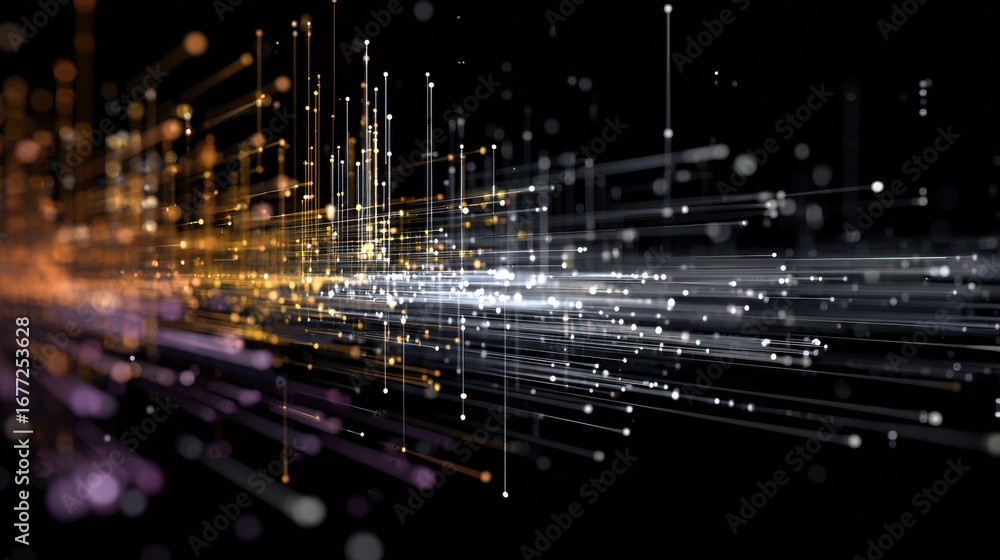 Poster an abstract digital visualization featuring lines and dots in varying colors against a dark backgrou