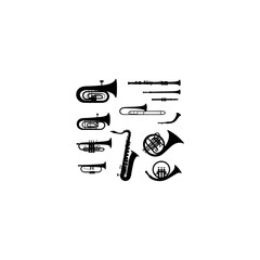 Set of instruments silhouette, trumpet, horn, French horn, tuba, saxophone,  