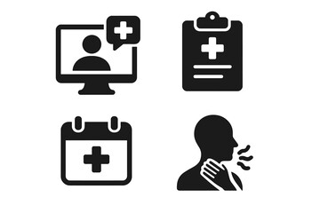 Telehealth icon set for online medical services. Vector symbols for virtual doctor consultation, digital health report, online appointment booking and symptom checker concept.