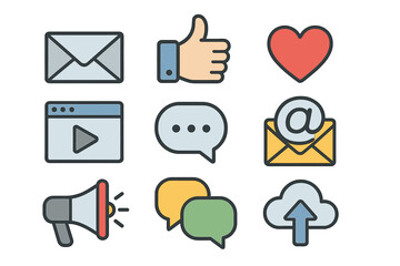Social media icon set for digital marketing and communication. Includes vector icons for like, comment, love, email, video player, cloud upload, chat, and announcement.