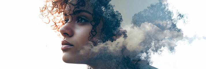 A woman with a cloud like head, stands in a surreal environment 