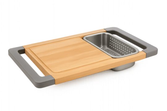Photo of a modern wooden cutting board with a builtin stainless steel colander and grey frame, isolated on transparent background - Powered by Adobe