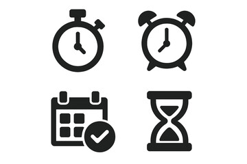 Time management icons solid filled vector set with stopwatch, alarm clock, calendar reminder, hourglass, productivity tools, deadline symbols, scheduling concept, transparent background